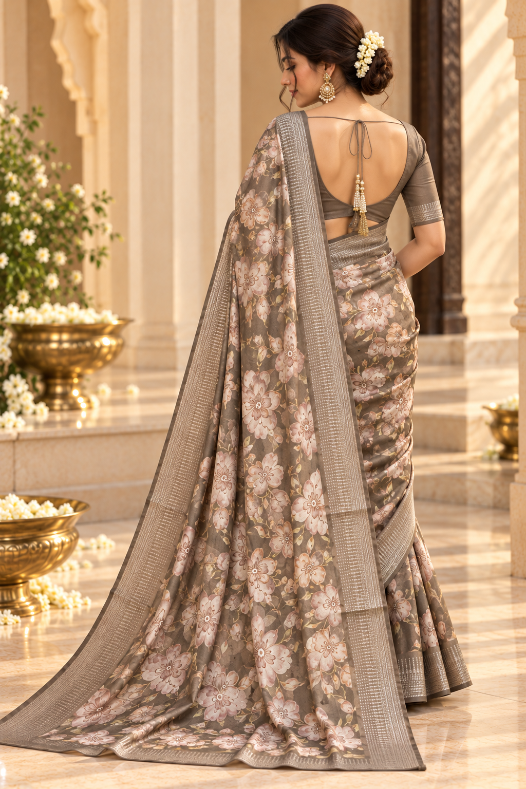 Mocha Blossom – Floral Grace Saree
