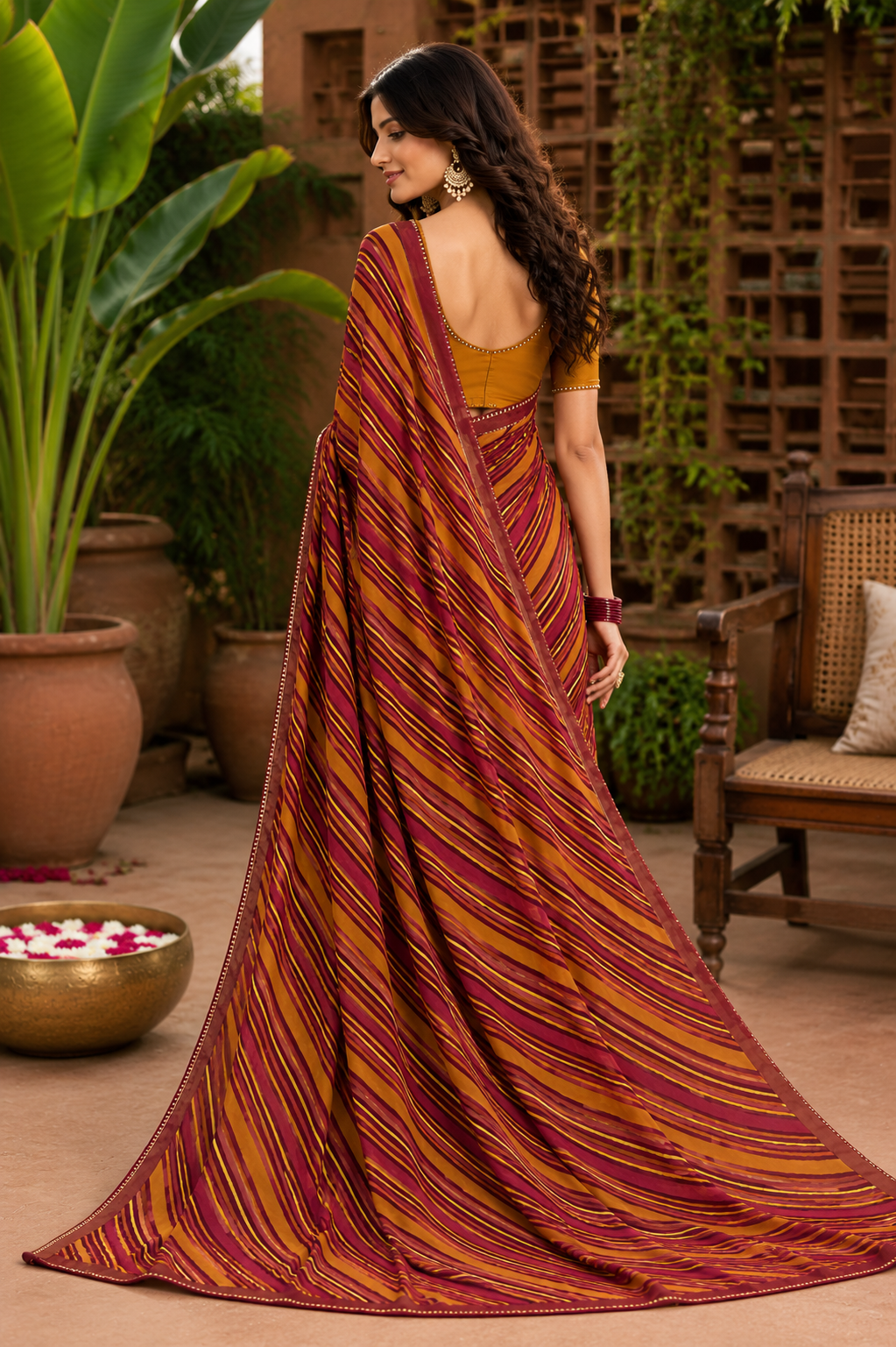 Rust Maroon Leheriya Printed Linen Saree