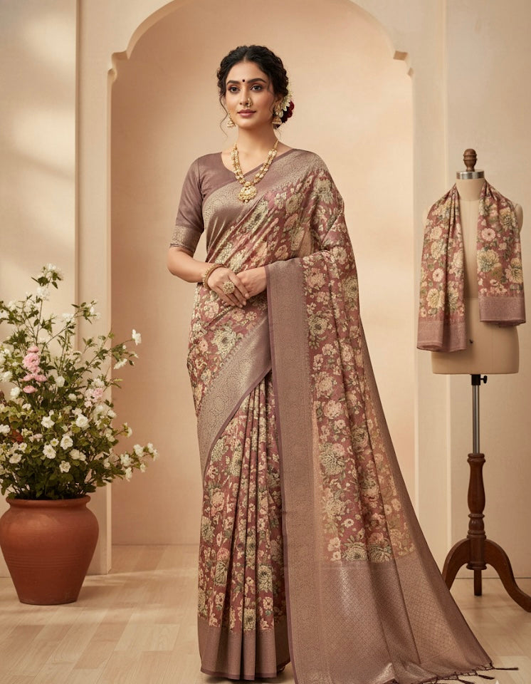 Mocha Floral Silk Saree