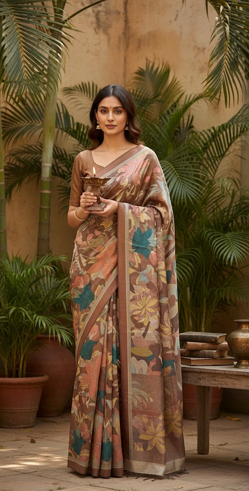 Brown Floral Print Saree