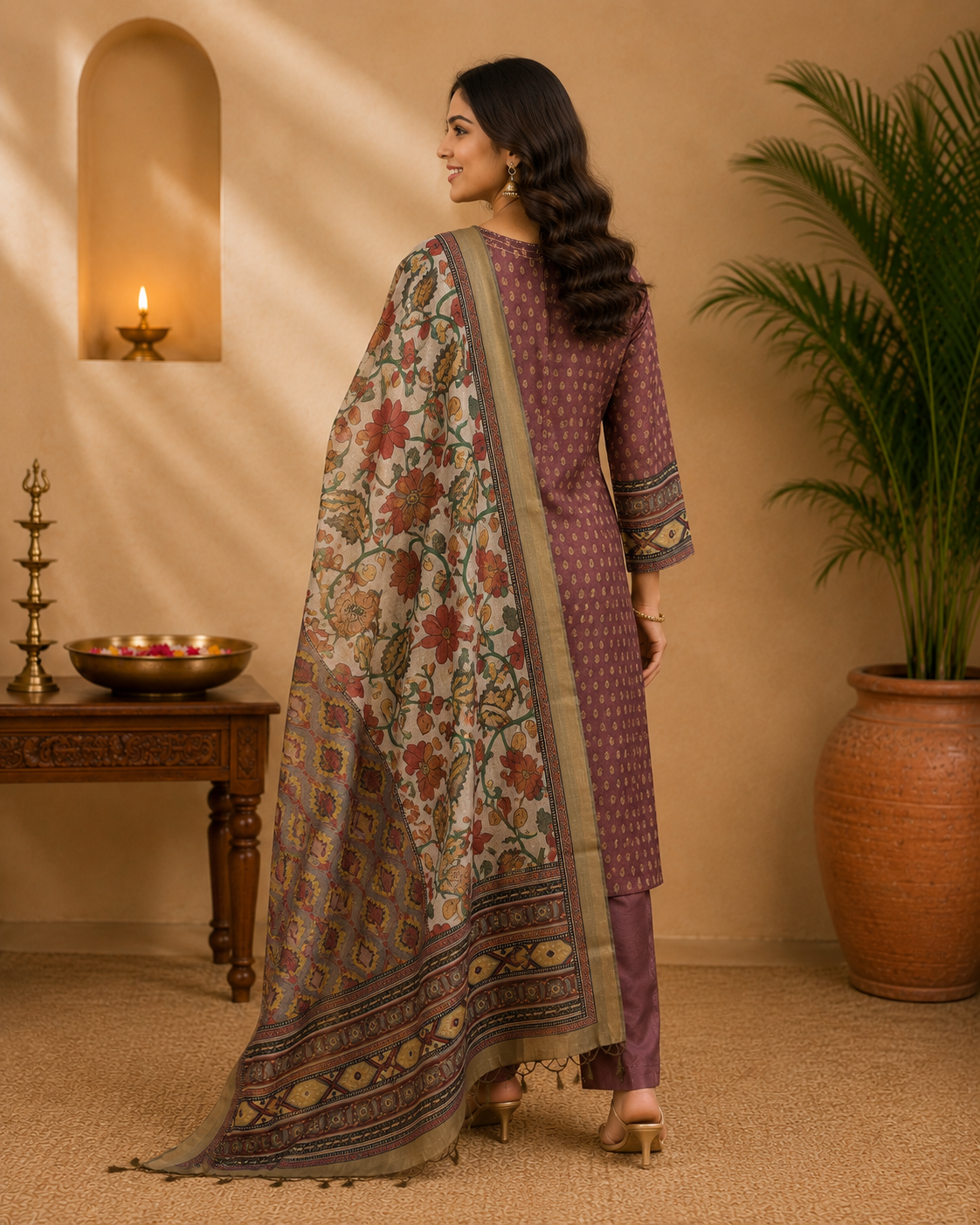 Mauve Printed Kurta Pant Dupatta Set