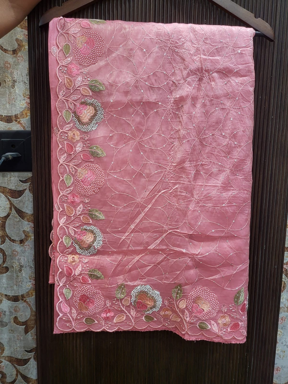 Organza Floral Saree – White & Pink