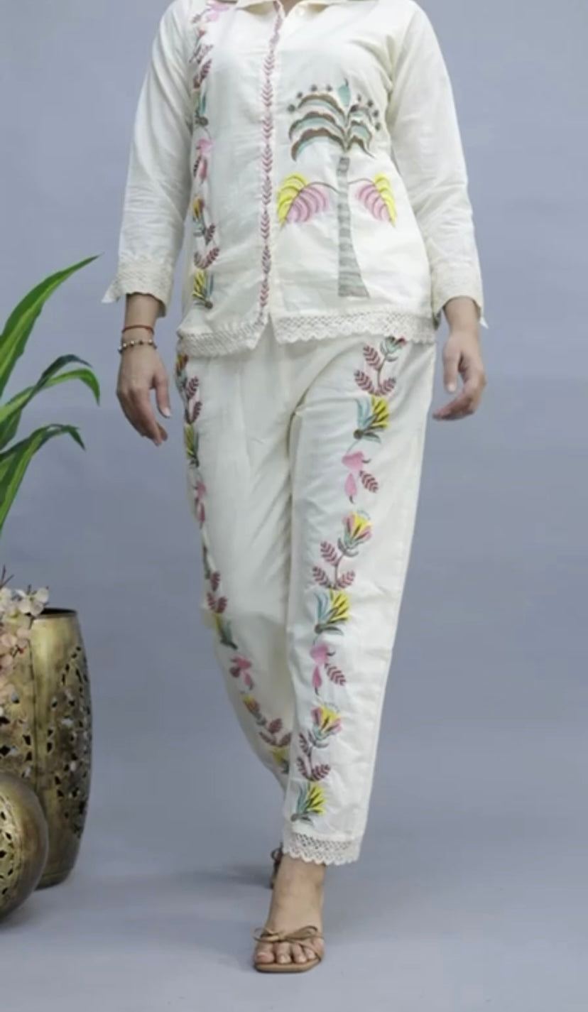 Ivory Embroidered Cotton Co-ord Set with Scallop Detailing