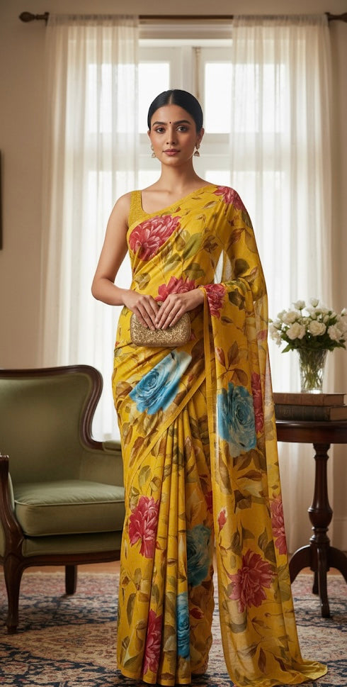 Sunshine Bloom Liva Modal Floral Print Saree