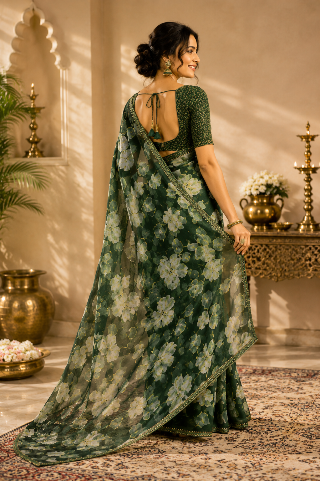 Emerald Bloom Floral Printed Saree