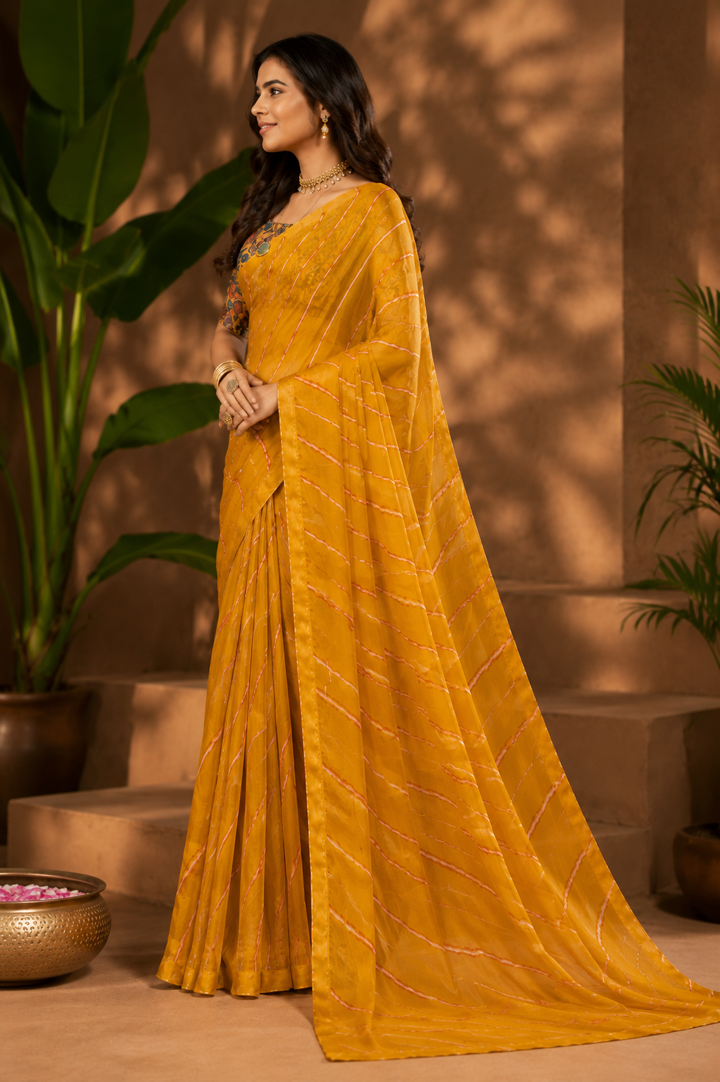 Mustard Leheriya Printed Linen Saree