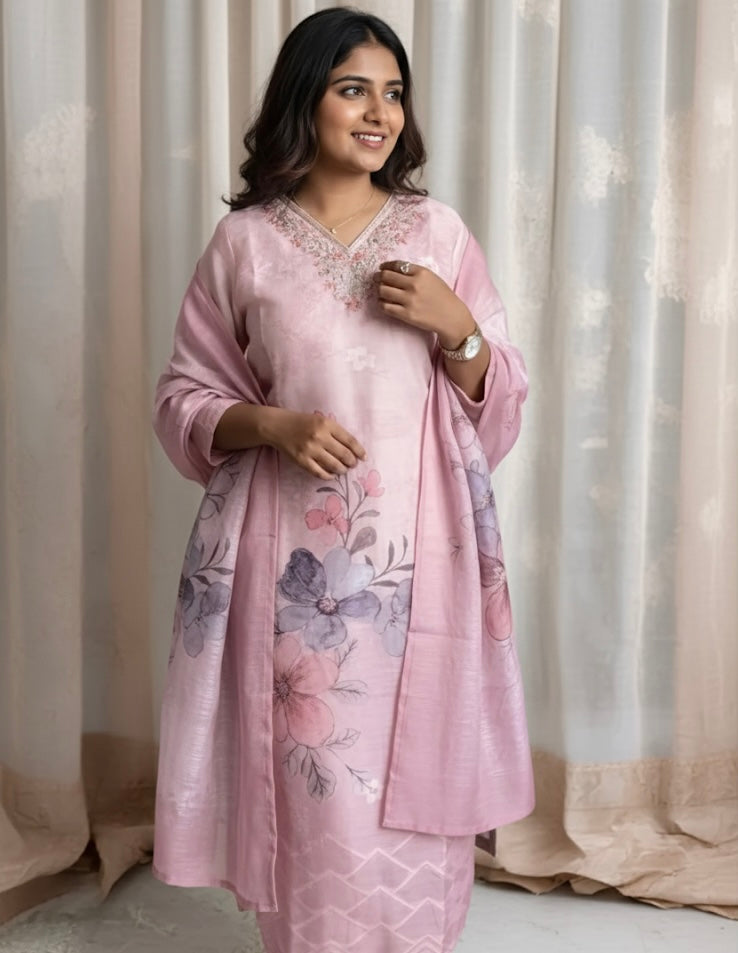 Blush Pink Floral Kurta Set with Embroidered Neckline & Dupatta