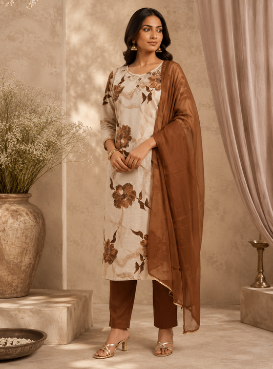 Mocha Bloom Printed Kurta Set