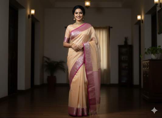 Classic Gold-Tone Soft Silk Saree with Pink Temple Border