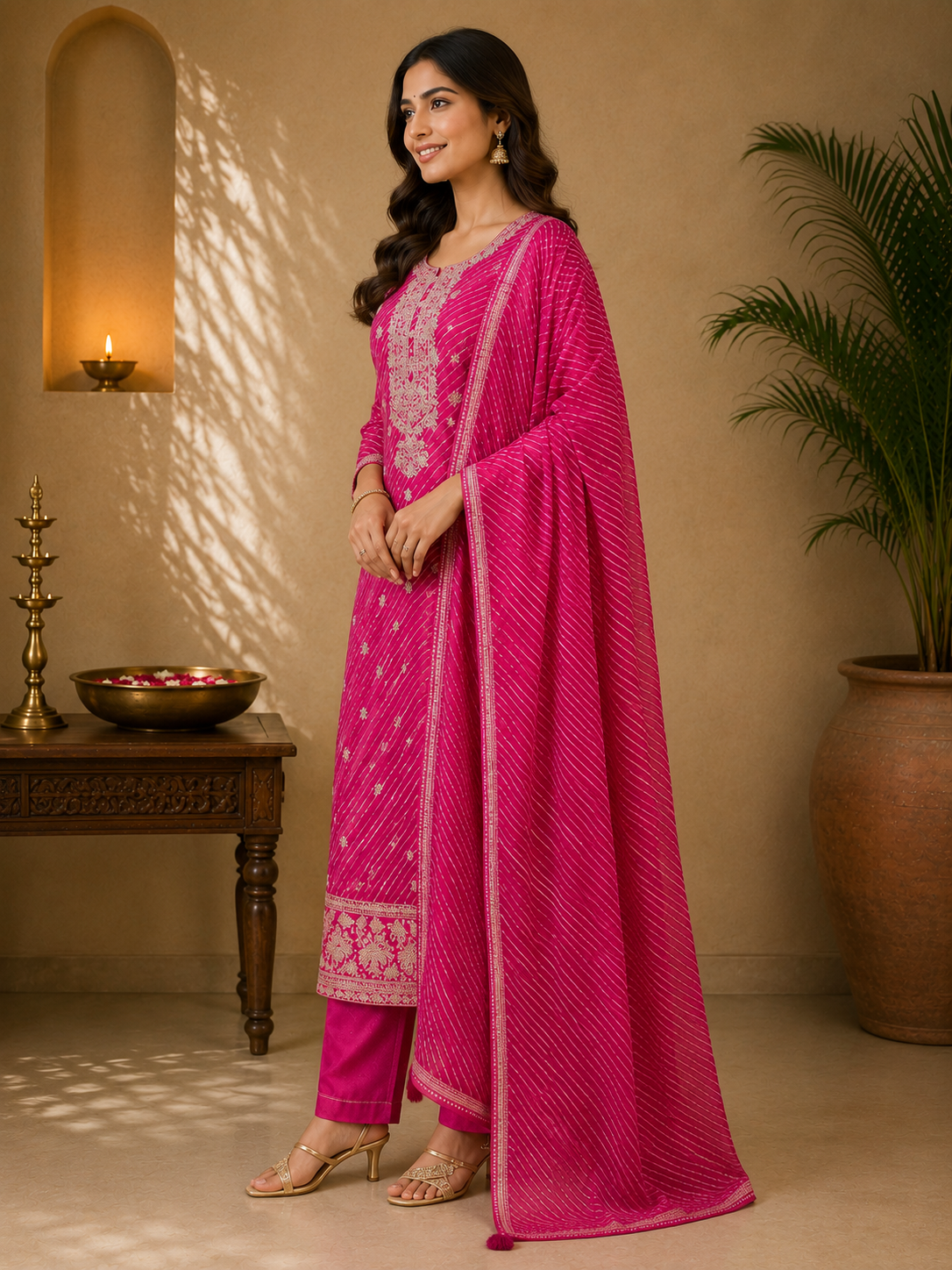 Rani Pink Embroidered Leheriya Set