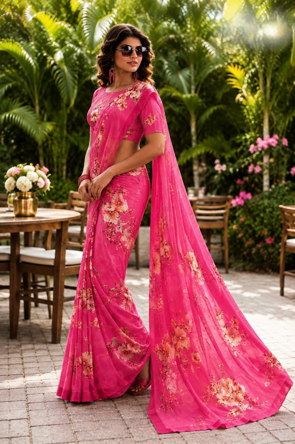 Fuchsia Garden Floral Saree