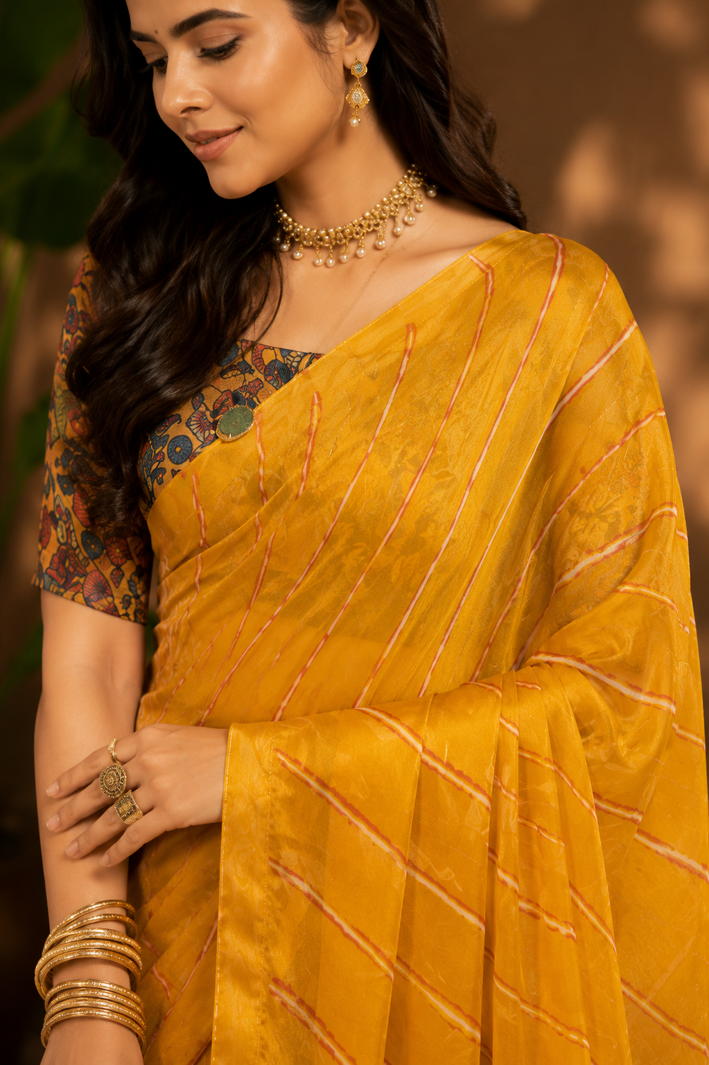 Mustard Leheriya Printed Linen Saree