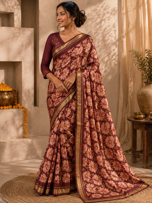 Floral Printed Zari Border Saree