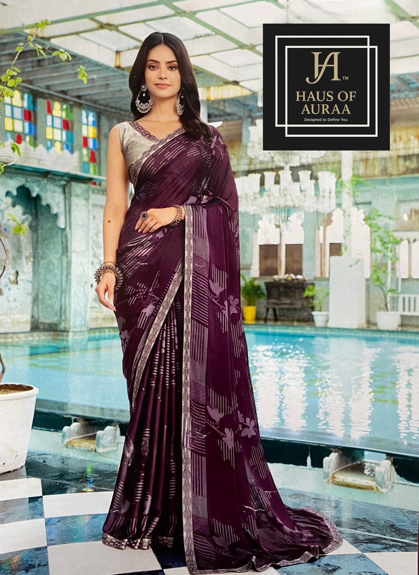 Elegant Plum Satin Saree with Silver Floral Accents