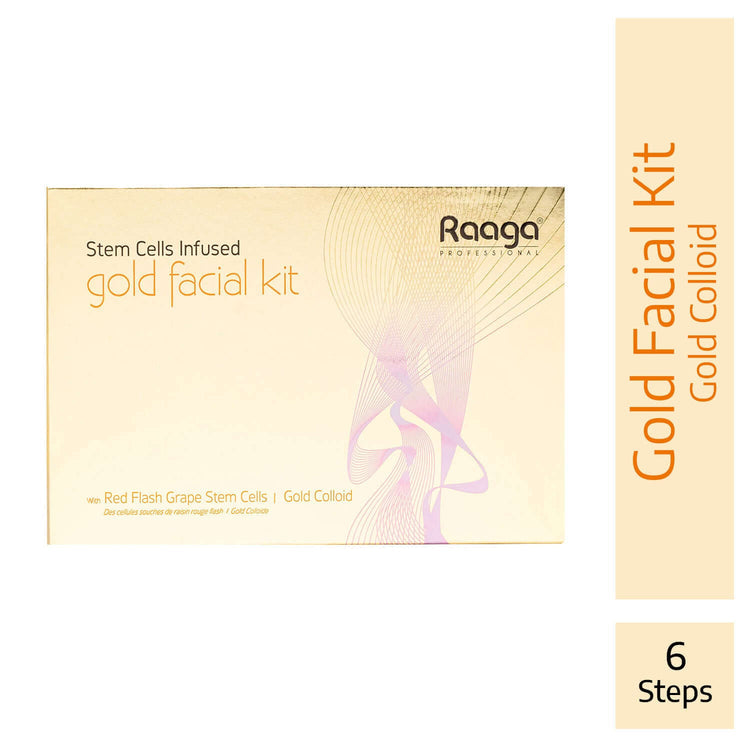 Raaga Stem Cells Infused Gold Facial Kit with 6 Steps | Gold Colloid, Red Flesh Grape Stem Cells | Reduces Pigmentation (61 gm)