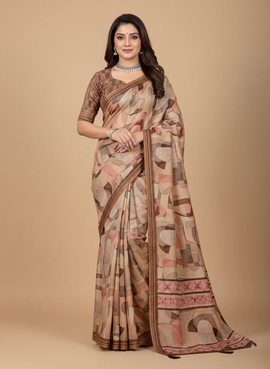 Beige Abstract Printed Saree with Subtle Border Detailing
