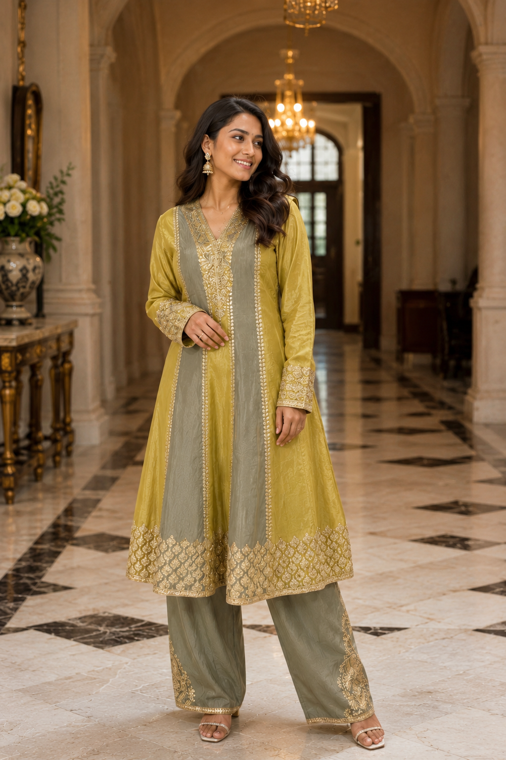 Olive Green & Mustard Anarkali Suit Set with Zari Embroidery and Silk Finish