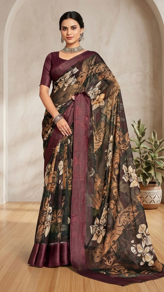 Midnight Orchid Printed Satin Saree