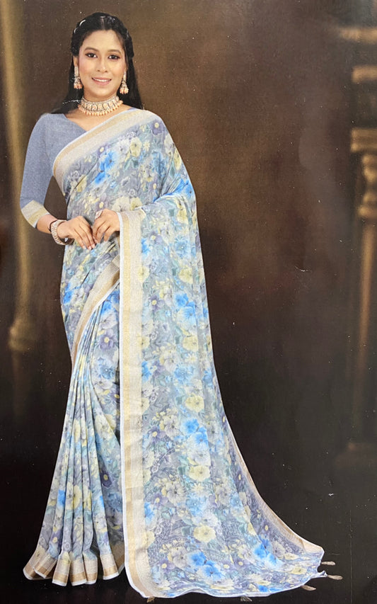 Frosted Bloom Linen-Blend Saree with Soft Gold Border