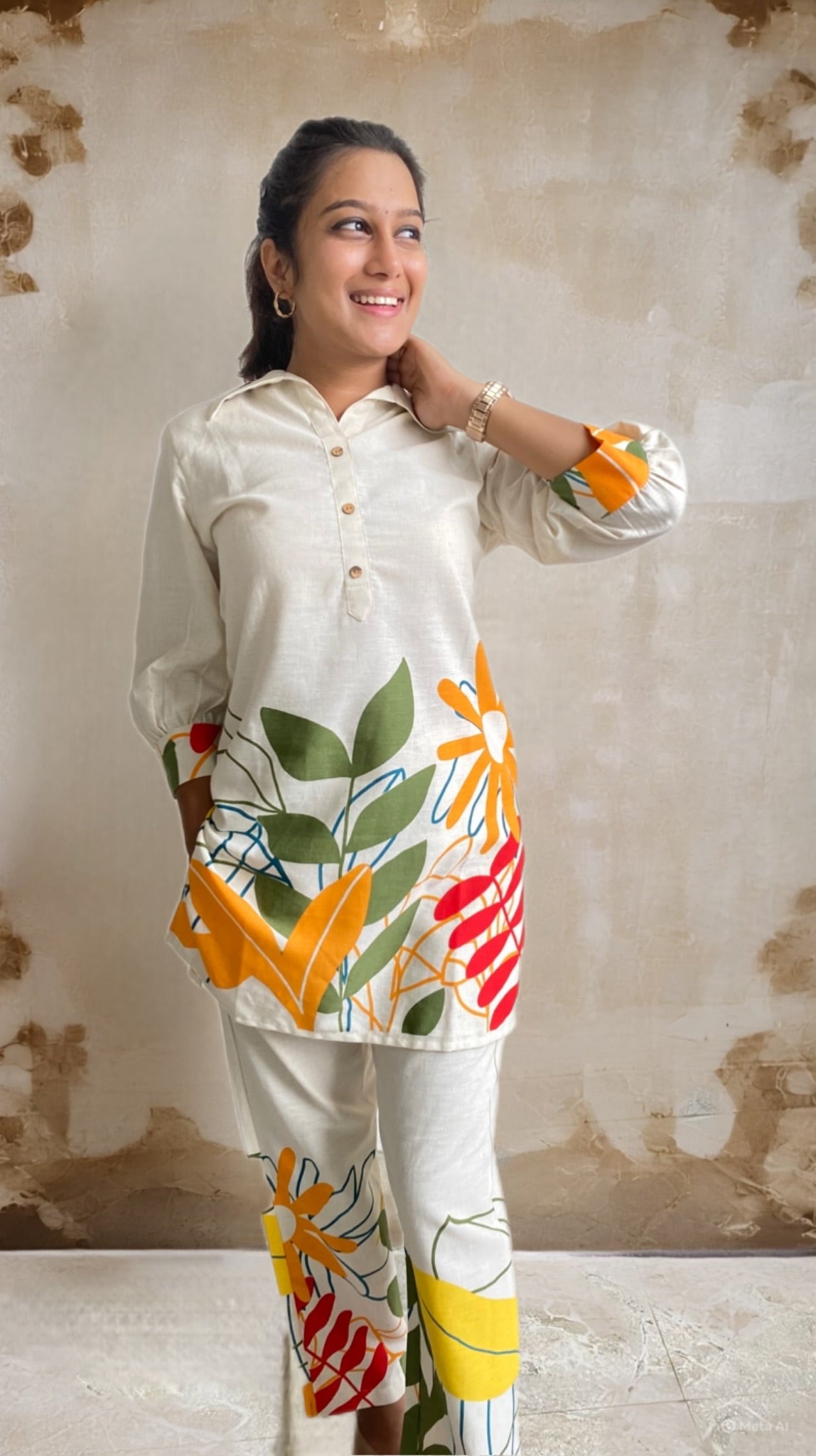 Ivory Co-ord Set with Abstract Multicolor Floral Print