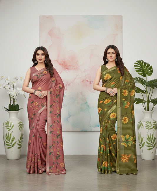 Floral Printed Soft Silk Saree – Mauve & Olive Green