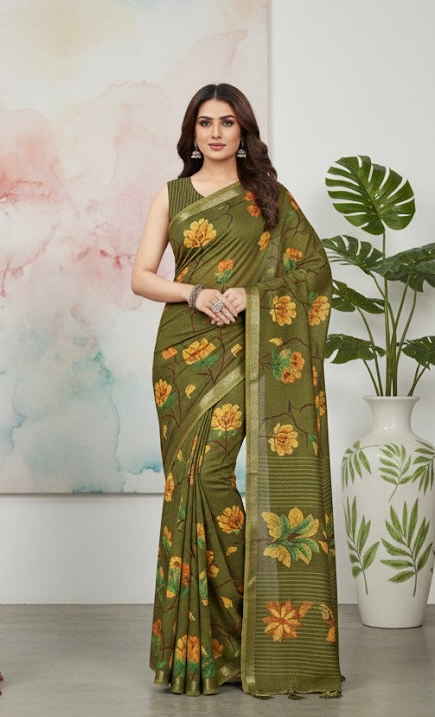 Floral Printed Soft Silk Saree – Mauve & Olive Green