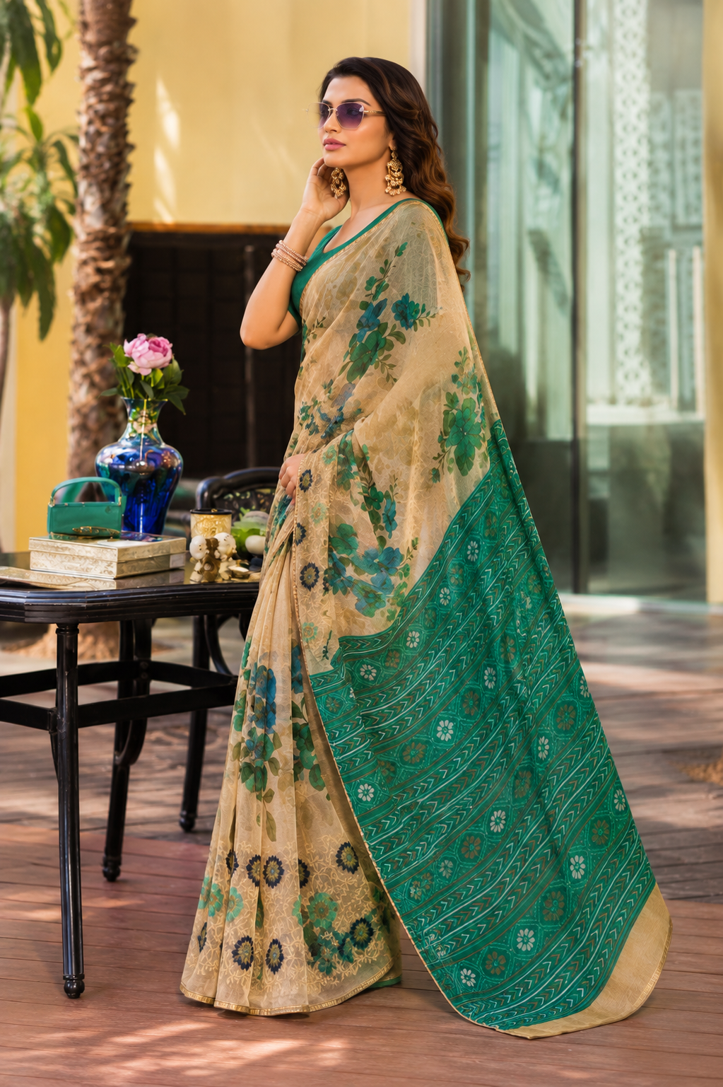 Teal Garden Printed Saree