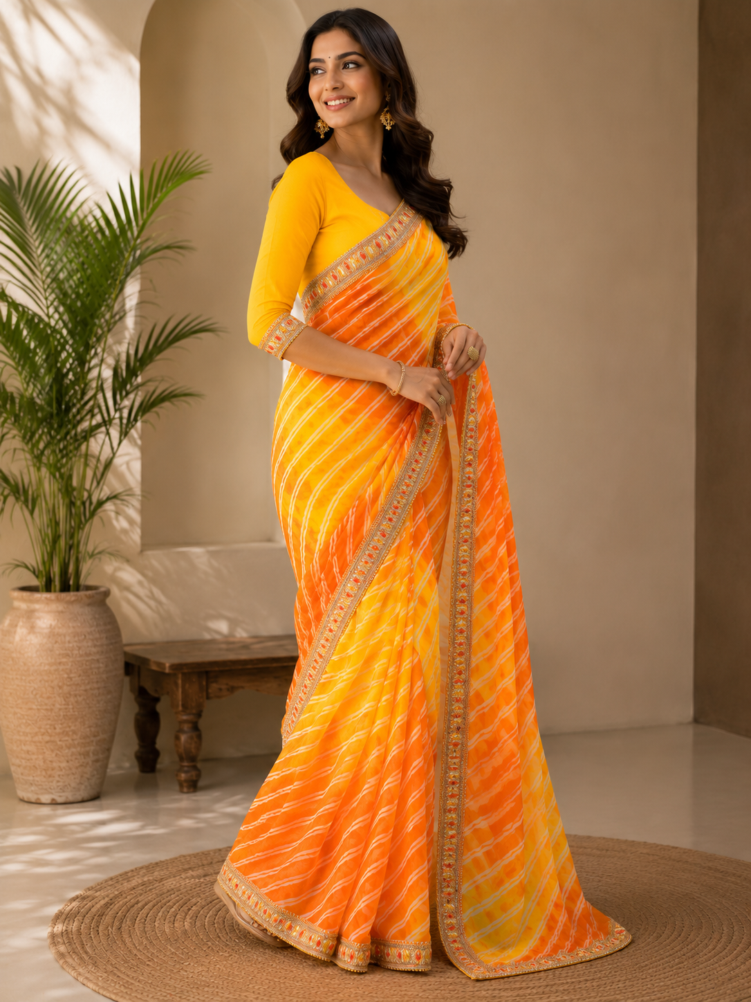 Embroidered Leheriya Soft Chiffon Saree