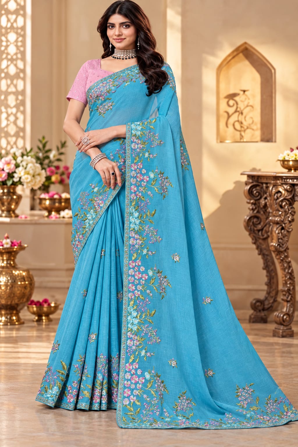 Azure Bloom Embroidered Elegance Saree