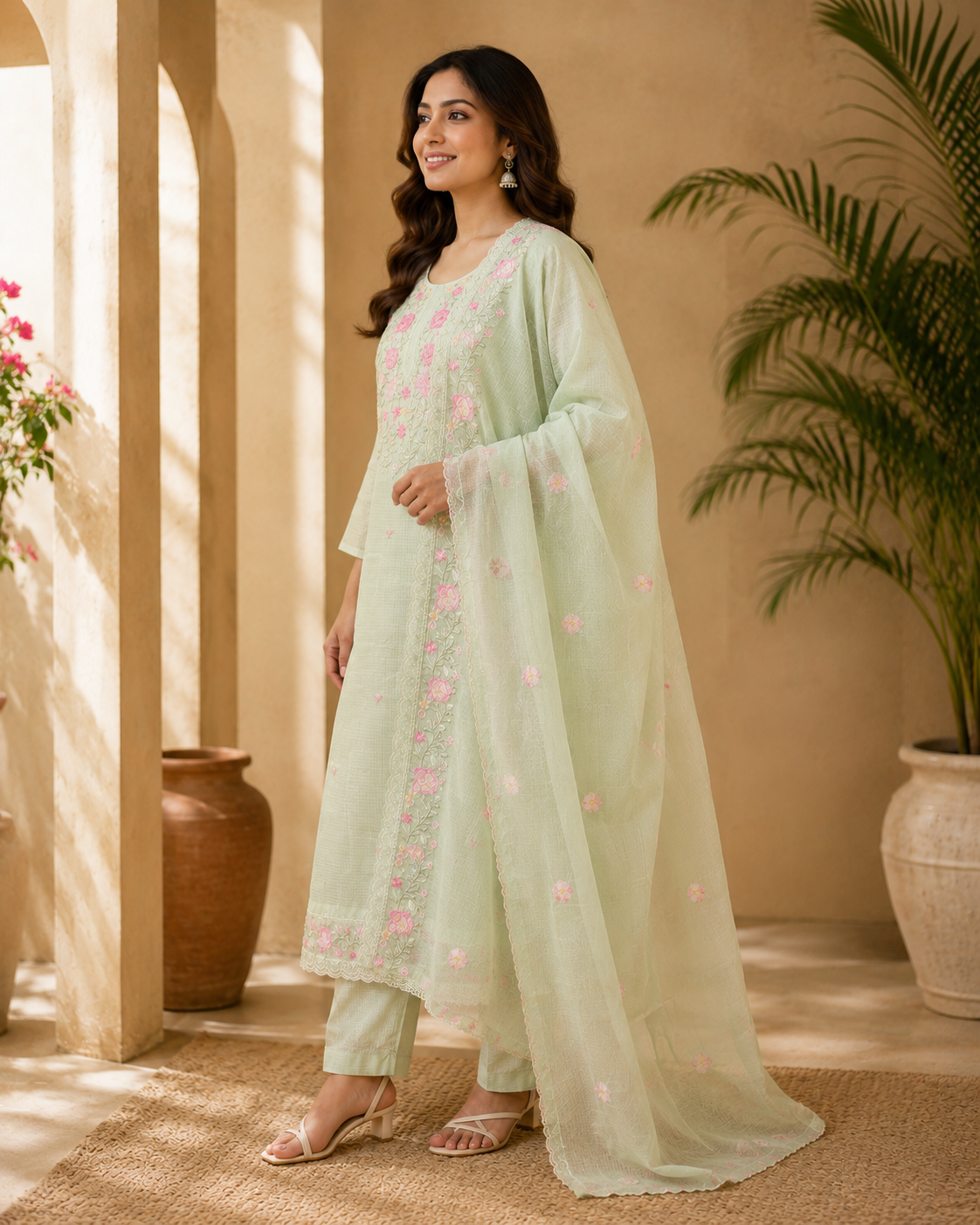 Mint Green Floral Embroidered Kurta Pant Dupatta Set