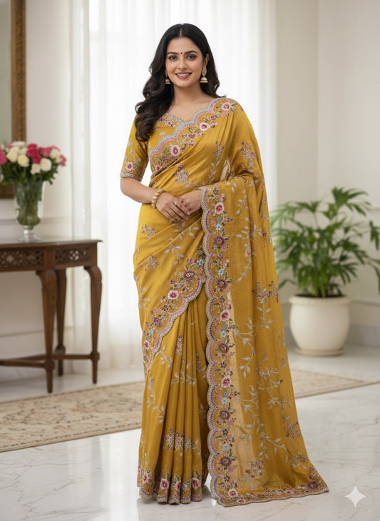 Mustard Yellow Embroidered Georgette Saree with Sequins & Thread Floral Work