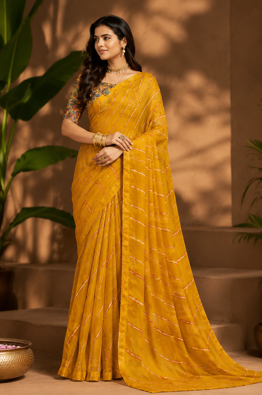 Mustard Leheriya Printed Linen Saree
