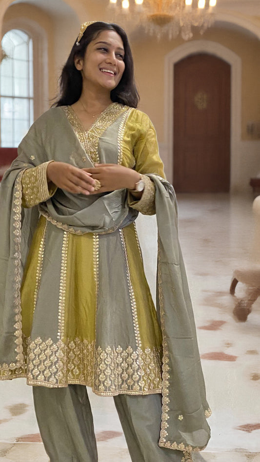 Olive Green & Mustard Anarkali Suit Set with Zari Embroidery and Silk Finish