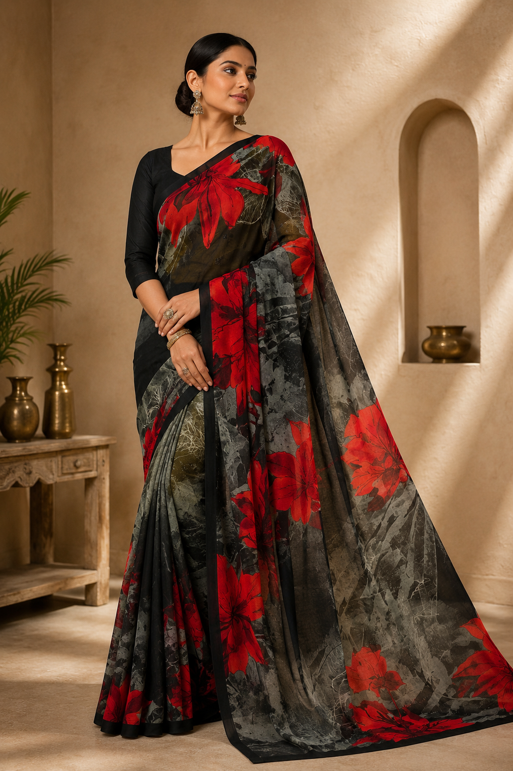 Midnight Scarlet Floral Saree