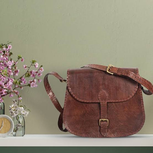 Vintage Brown Genuine Leather Sling Bag with Buckle Closure