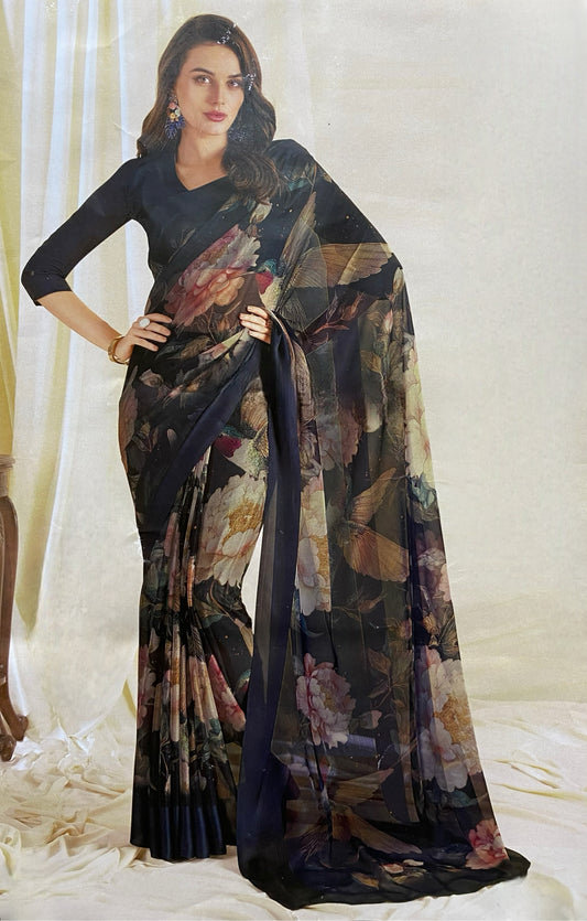 Noir Garden Saree – Where Midnight Meets Bloom