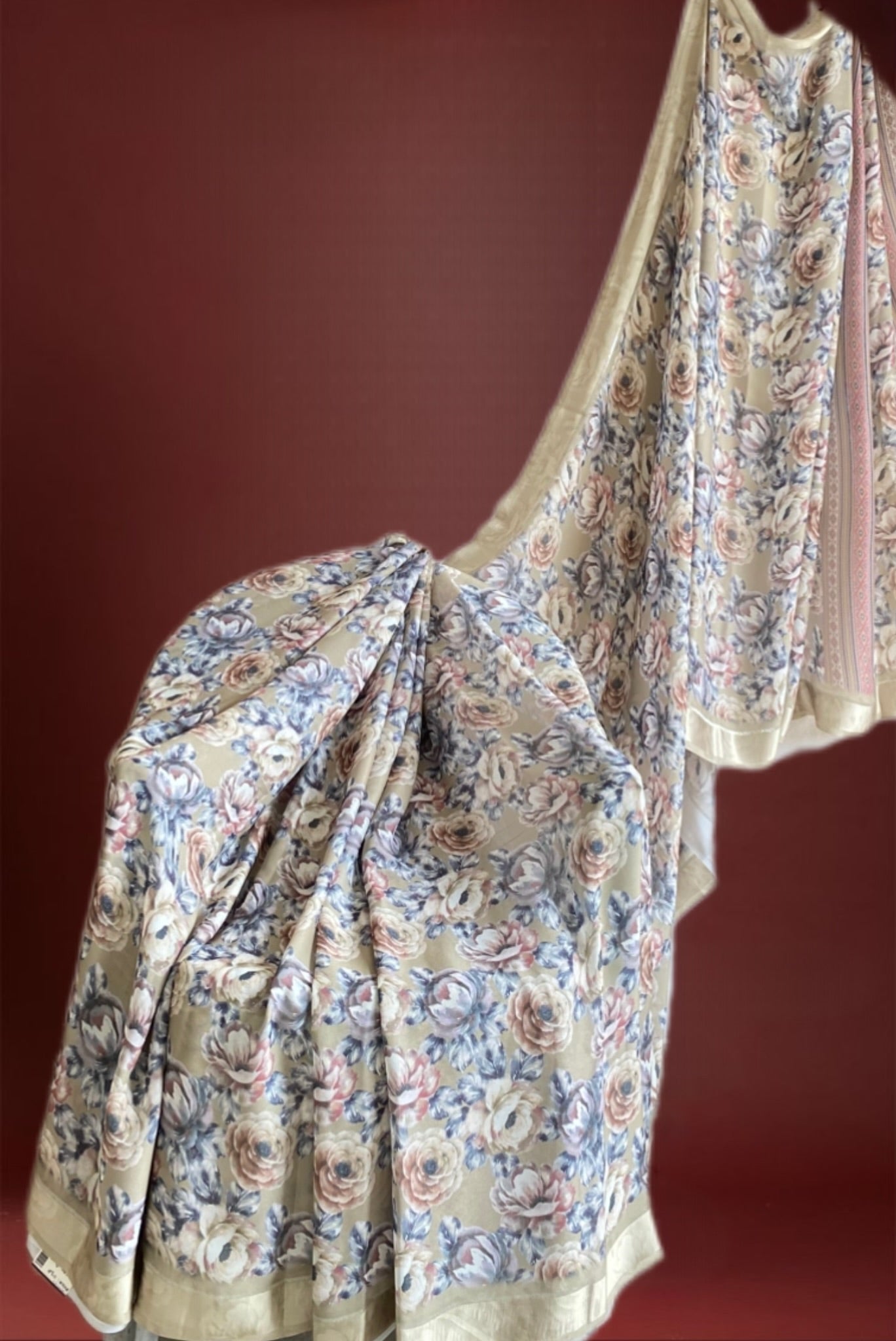 Beige Saree with Pastel Floral Prints & Subtle Golden Border