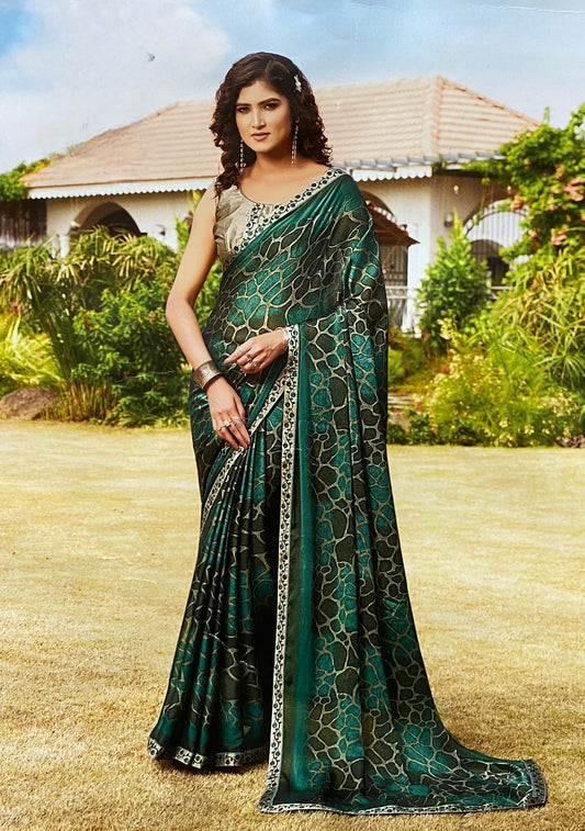 Teal Green and Black Printed Saree with Animal-Skin Inspired Pattern