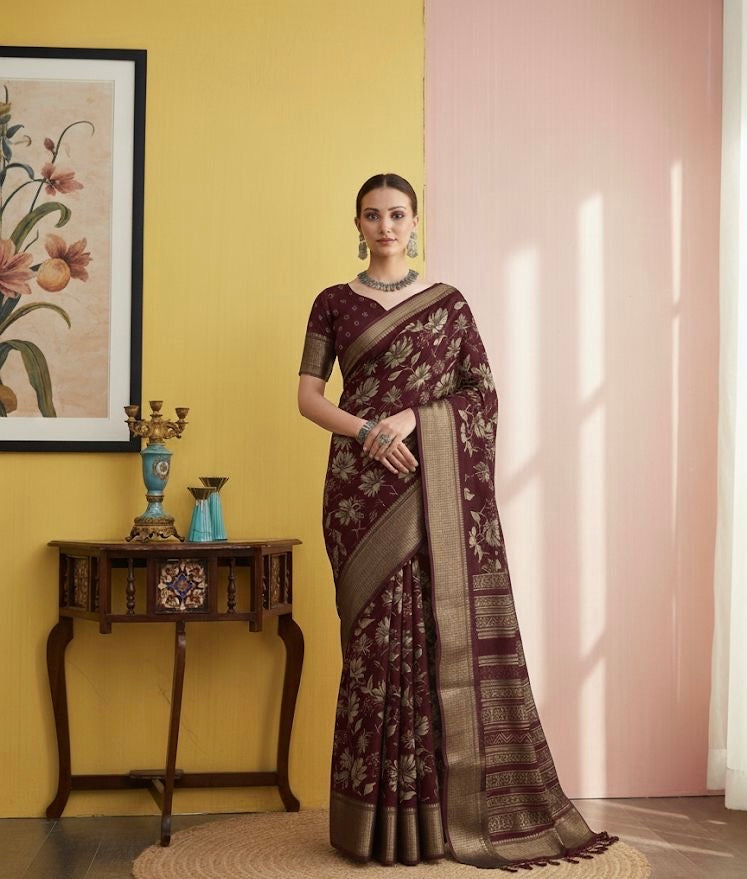 Woven Banarasi Silk Saree with Gold Zari Floral Motifs