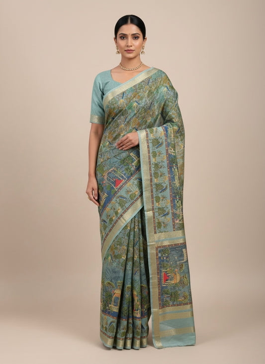 Printed Silk-Blend Saree with Artistic Motif Border
