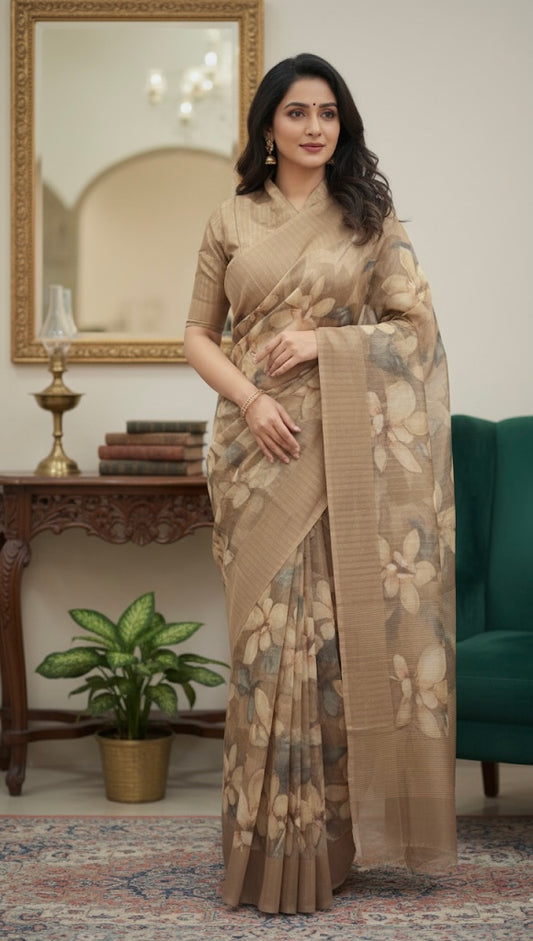 Sheer Organza Saree with Vintage Floral Print