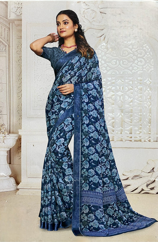 Midnight Blue Rose Printed Soft Silk Saree