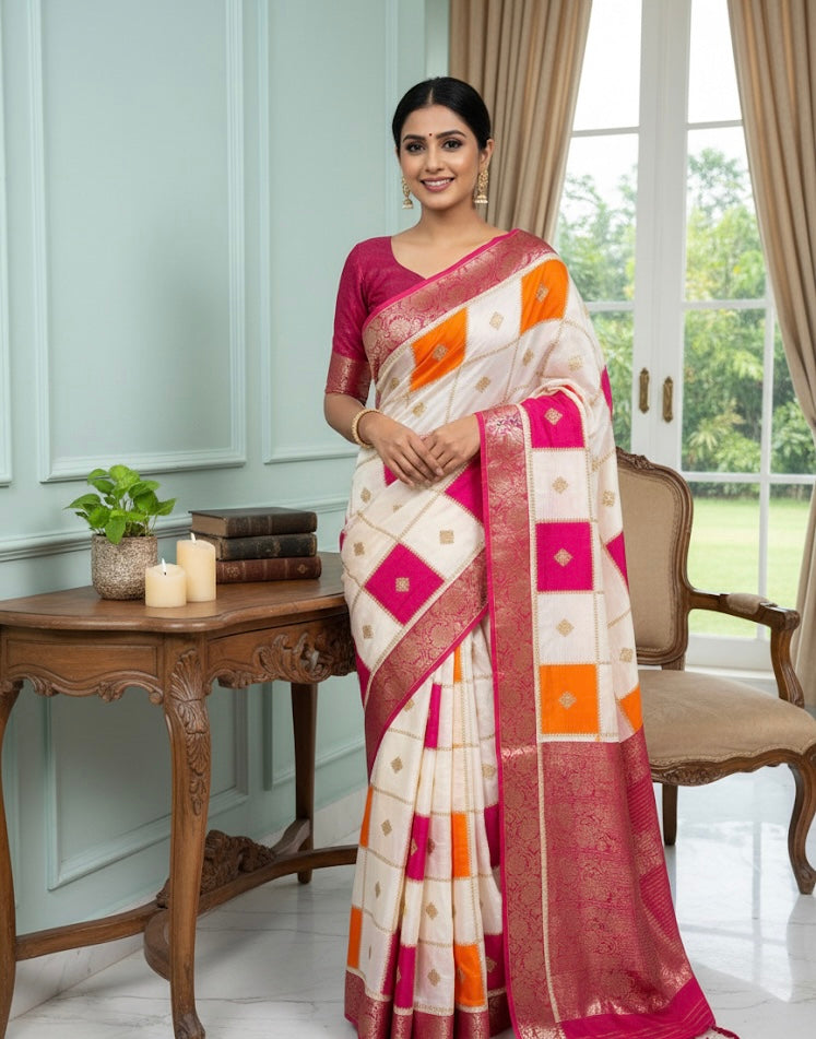 Ivory Checked Silk Saree with Pink & Orange Accents