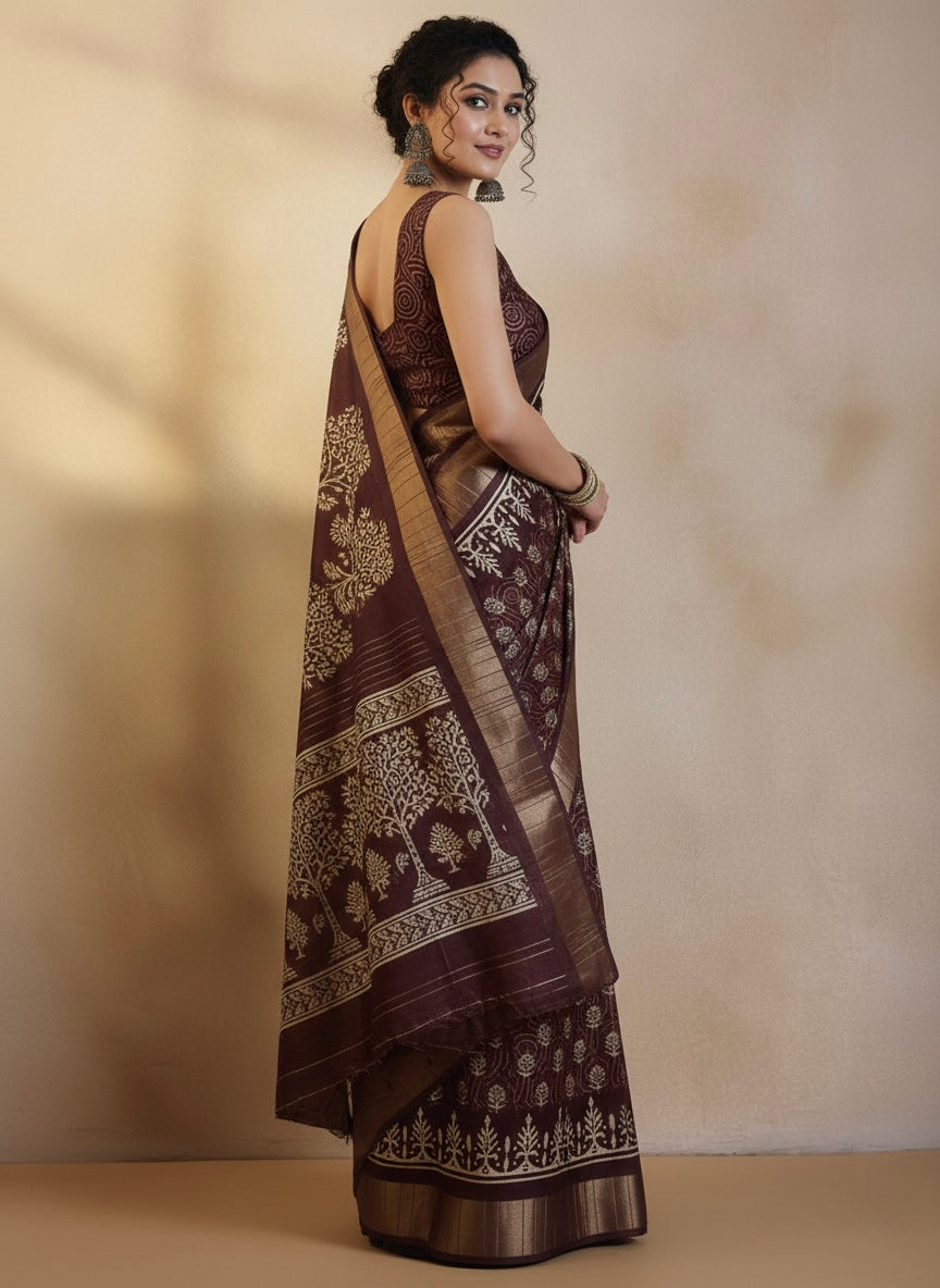 Chocolate Brown Printed Silk Saree with Traditional Motifs