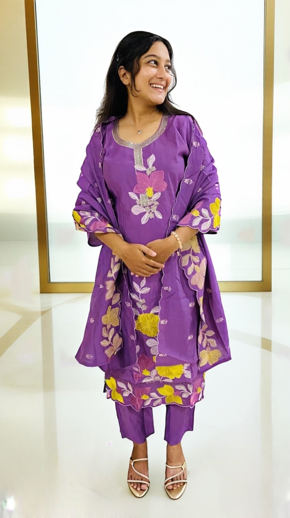 Purple Floral Embroidered Kurta Set with Dupatta