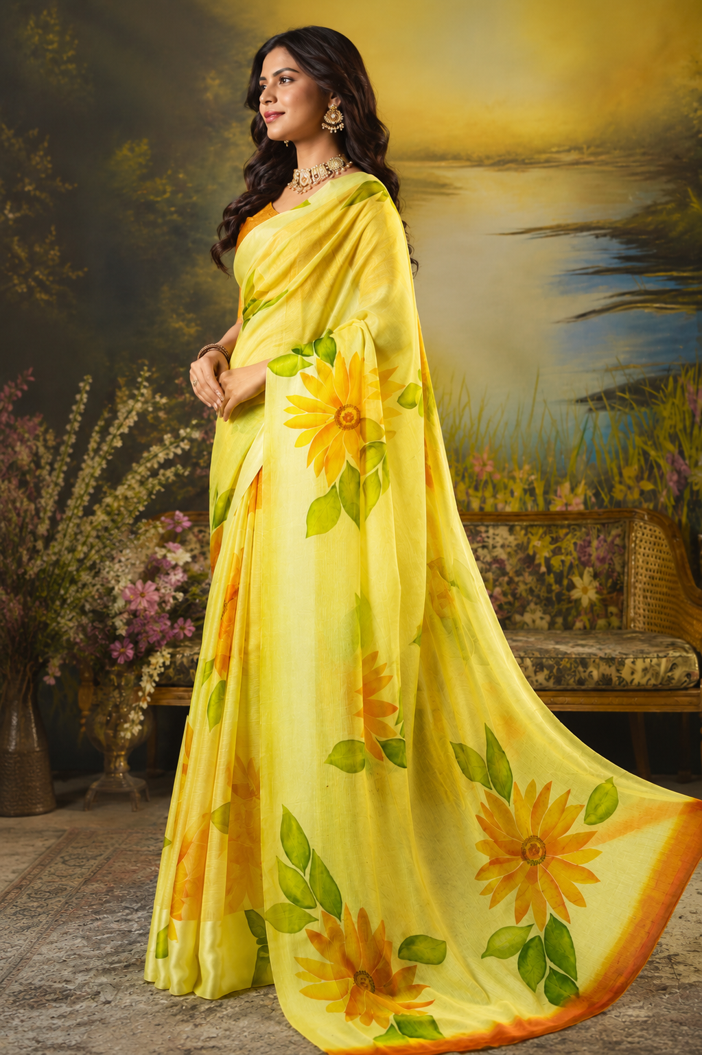 Sunflower Bloom Printed Linen Saree