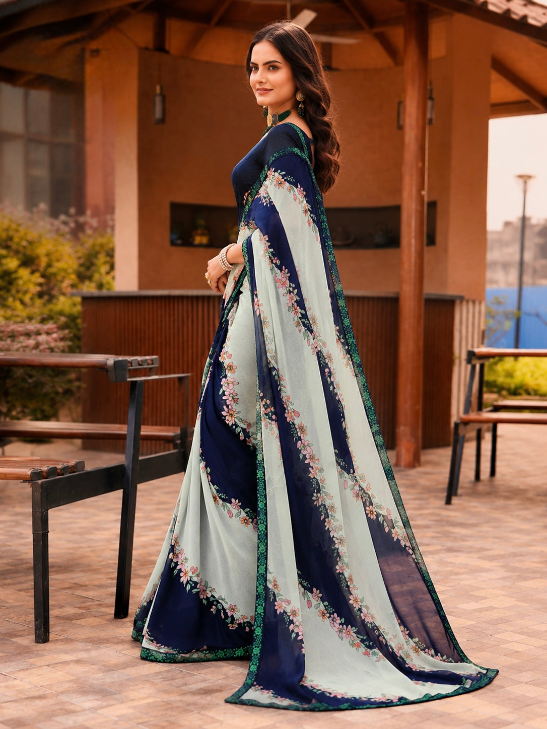 Midnight Bloom Organza Saree