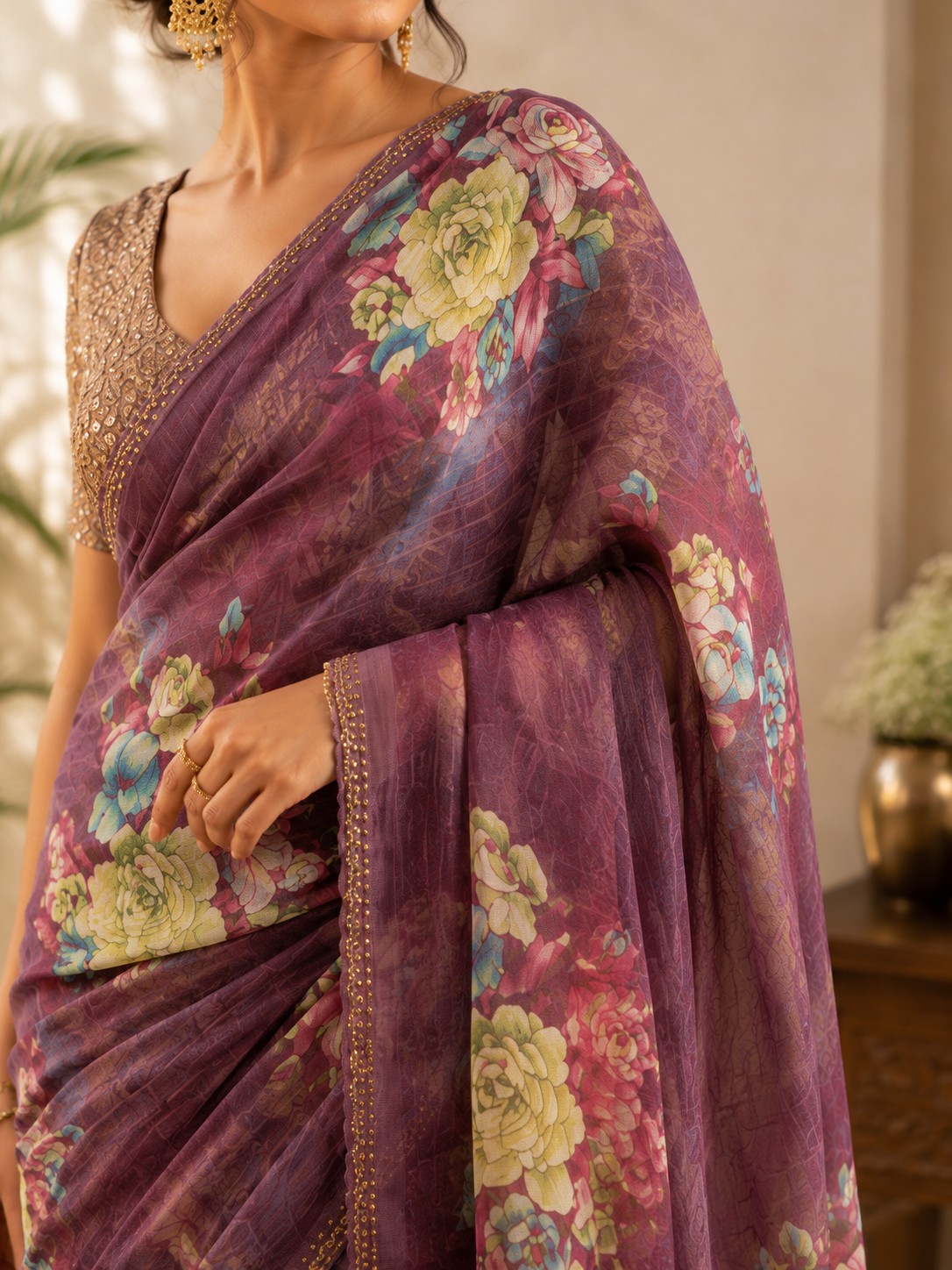 Lavender Blossom Floral Printed Organza Saree