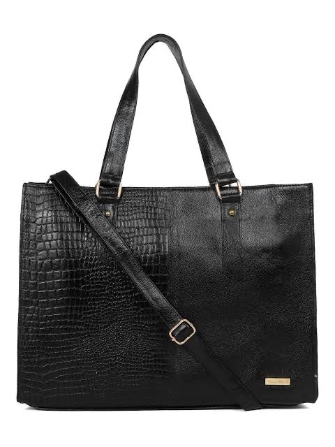 Black Genuine Leather Tote Bag with Croc-Embossed Texture