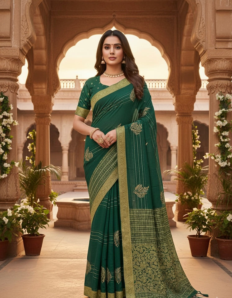 Emerald Green Woven Silk Saree with Antique Gold Motifs